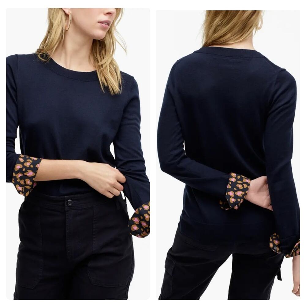 J.Crew Leopard Cuffs Tippi Wool Sweater In Navy Pink Mod Leopard